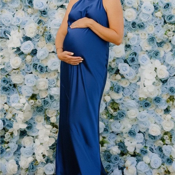 Royal Blue Satin Maternity Halter Tie Dress - Picture 3 of 3